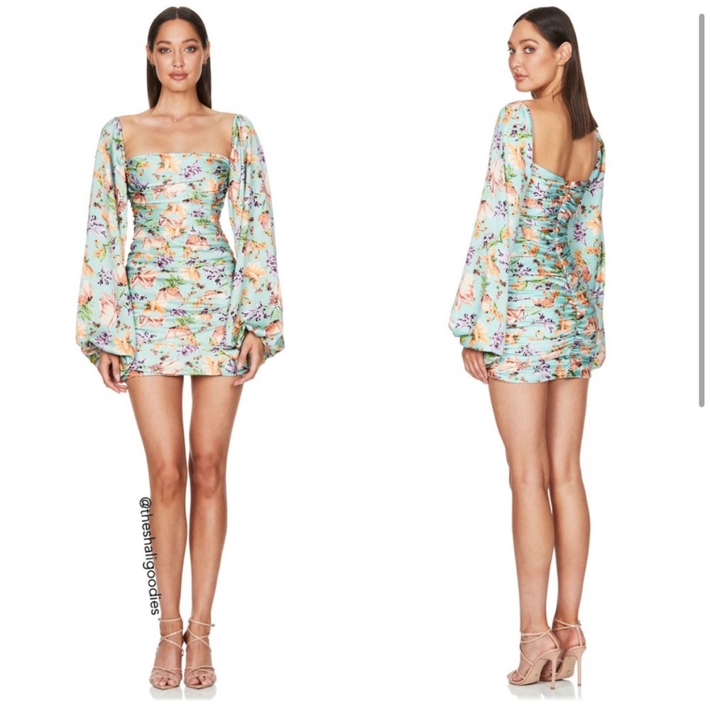 NOOKIE Simone Long Sleeve Mini Dress Blue Green Blue Satin